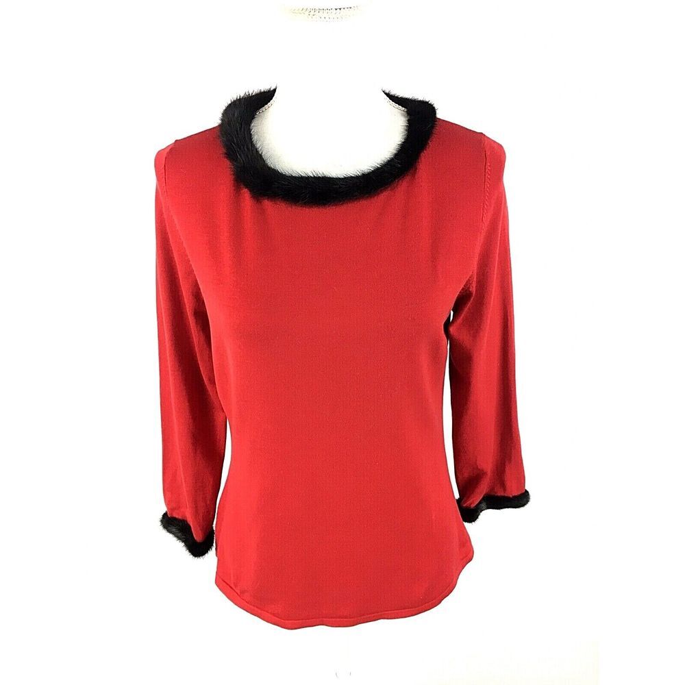 Juliana Collezione Spun Silk Faux Fur‎ Trim Sweater M Medium Red Long Sleeve Vtg